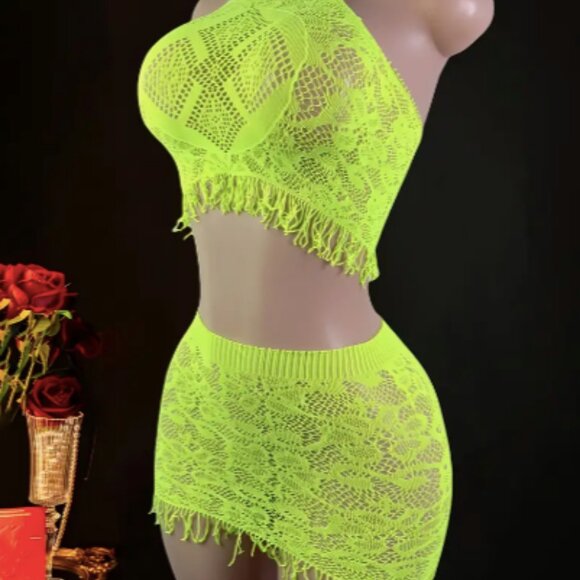 Neon Green 2pc Halter Top & Tassel Skirt Fishnet Dress Cover Up - Picture 2 of 7